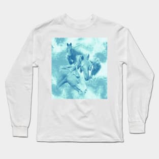 Horses and surreal mist in shades of blue Long Sleeve T-Shirt